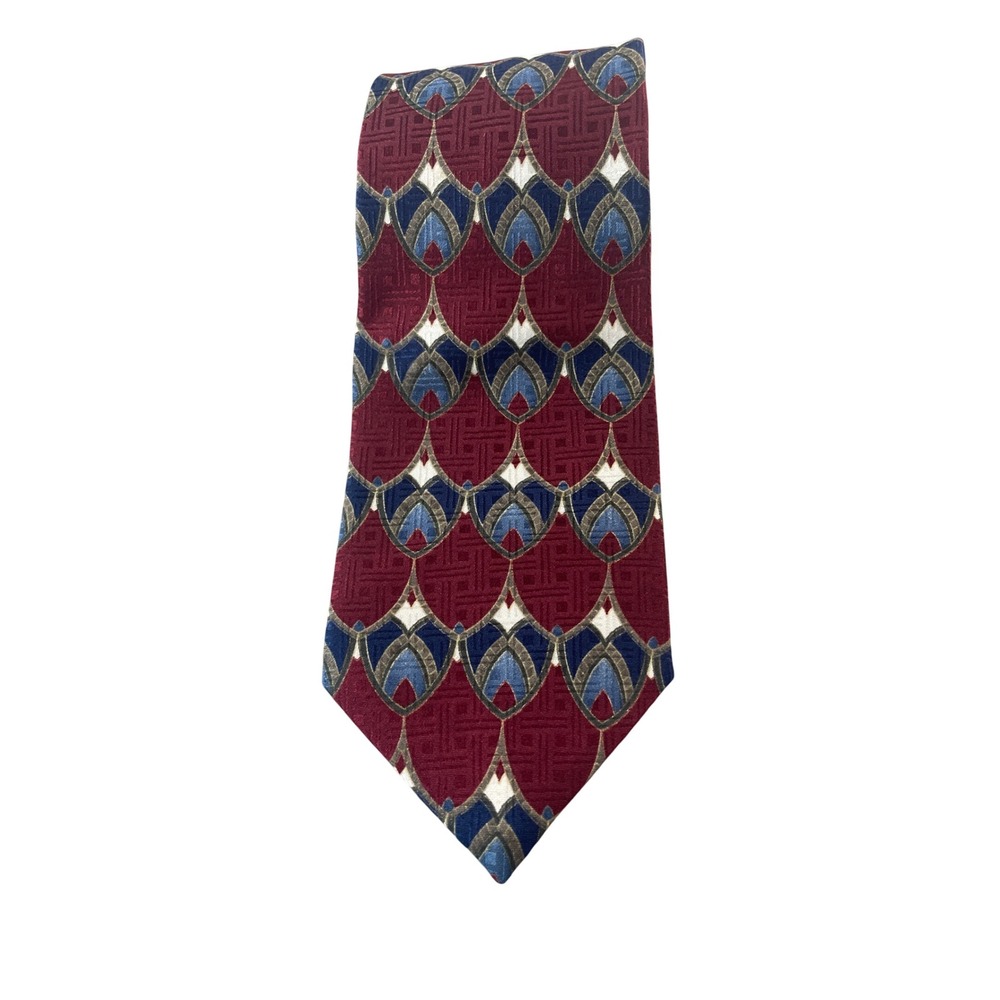 Boston Traders Men's 100% Silk Necktie Burgundy‎ Blue Geometric Pattern